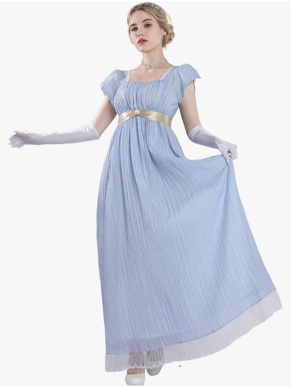 Bridgerton tea party dress. Light Blue Empire Waist Maxi Dress with Satin Sash